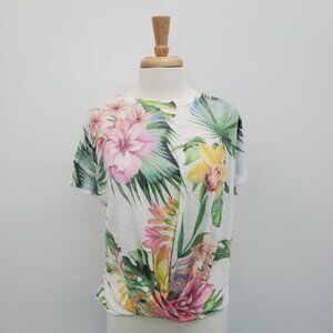 TRYST Womens Tropical Floral Short Sleeve Twist Front Top Blouse Size M Casual